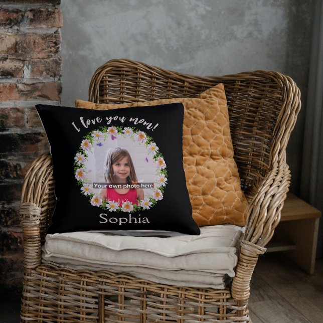 I love you mum photo name flower border cushion (Creator Uploaded)