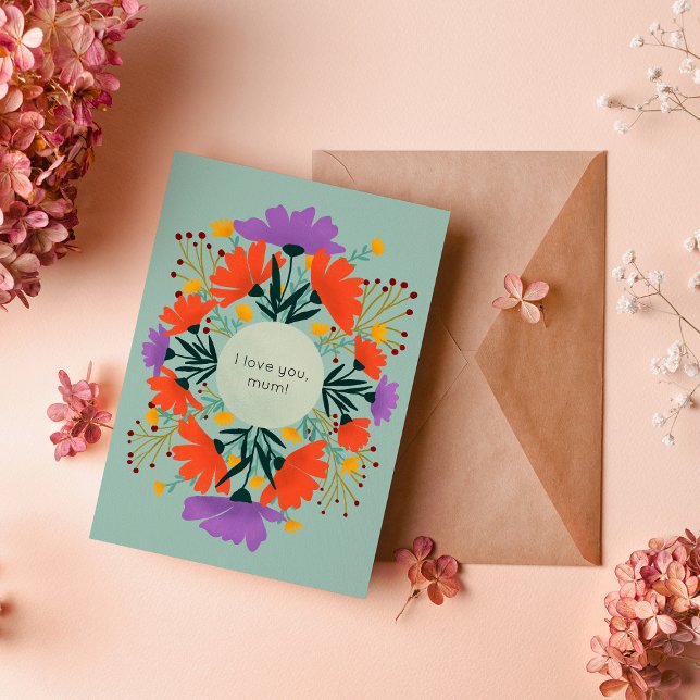 I love you, mum purple and orange floral card (Creator Uploaded)