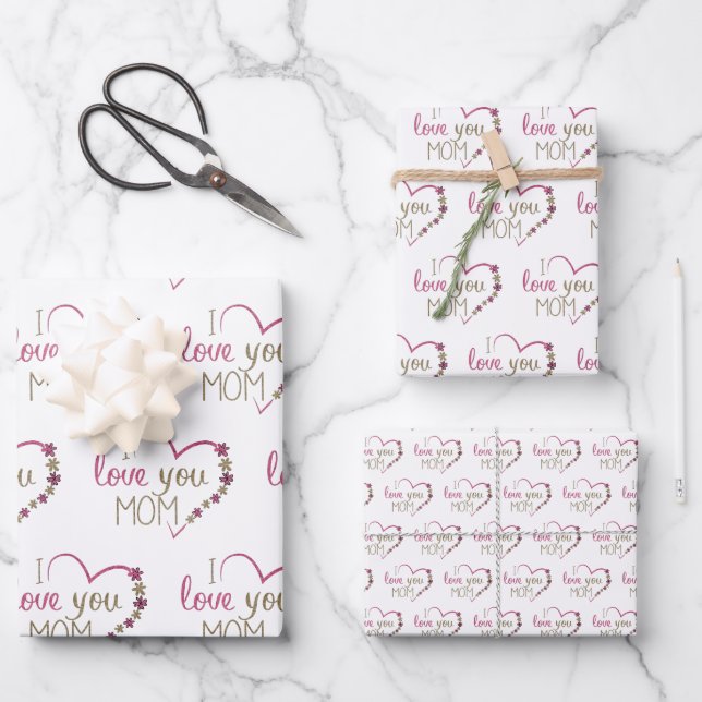 I Love You Mum Quote Pink Glitter Heart Wrapping Paper Sheet (Front)