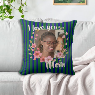 I Love You Mum Striped Floral Navy Green Photo Cushion