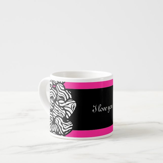 I love you pink black white zebra heart pattern espresso cup (Front Left)
