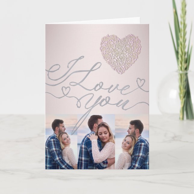 I Love You Pink Heart Photo Collage Card (Front)