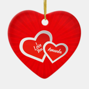 “I Love You” Red, Cute Love Hearts .. Personalised Ceramic Tree Decoration