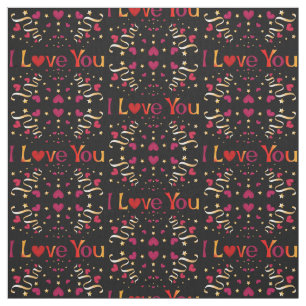 I LOVE YOU Red Heart Gold Ribbon Black Valentine Fabric