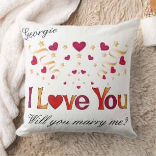 I LOVE YOU Red Heart Gold Ribbon Marriage Proposal Cushion