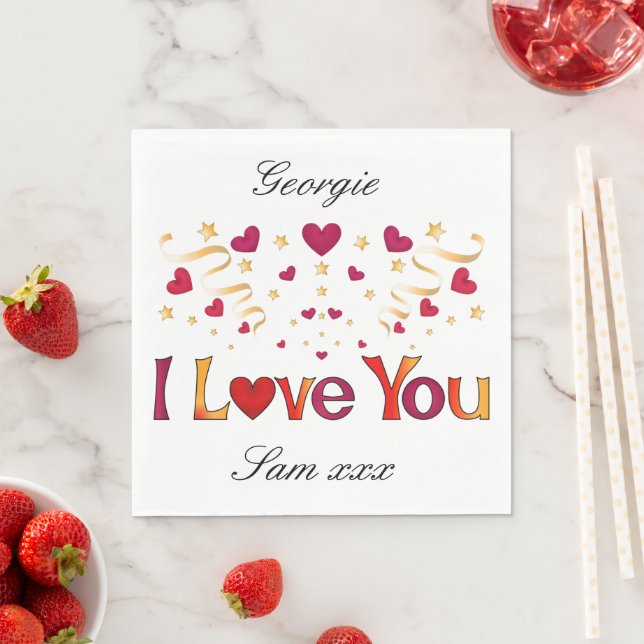 I LOVE YOU Red Heart Gold Ribbon Valentine Wedding Napkin (Insitu)
