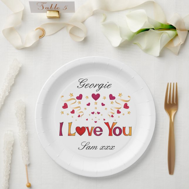 I LOVE YOU Red Heart Gold Ribbon Valentine Wedding Paper Plate (Wedding)