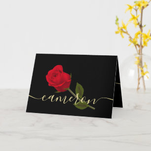 i love you Red Rose On Black And Gold Monogramed Card