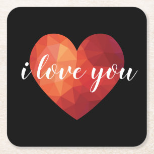 I love you red valentine heart art square paper coaster