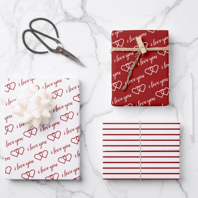 I Love You Romantic Valentine Red Hearts Stripes Wrapping Paper Sheet (Front)