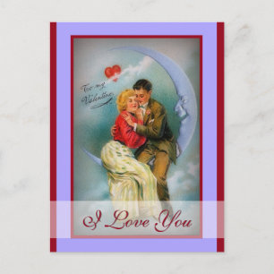I Love You Romantic Vintage Valentine Couple Moon Holiday Postcard