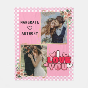 I love You Script Photo Pink and White pesonalized Fleece Blanket