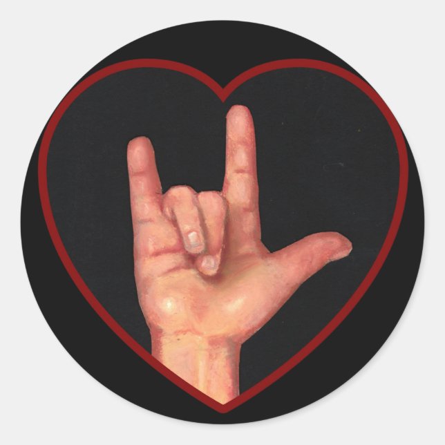 I LOVE YOU SIGN LANGUAGE ON BLACK CLASSIC ROUND STICKER (Front)