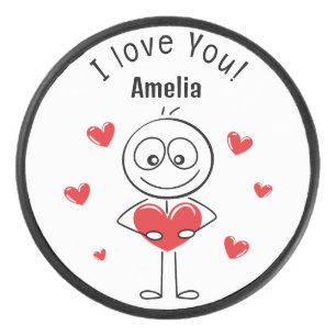 I Love You Stick Figure Cute Hearts Hockey Puck