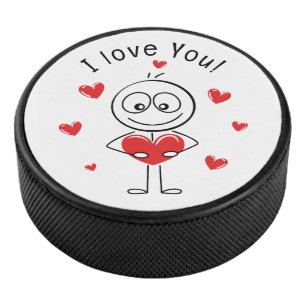 I Love You Stick Figure Cute Hearts Hockey Puck