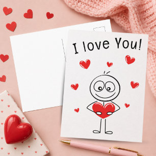 I Love You Stick Figure Cute Hearts Postcard