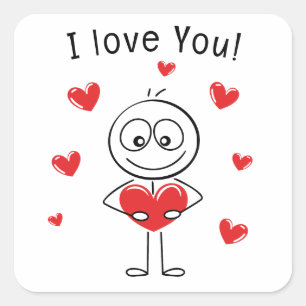 I Love You Stick Figure Cute Hearts Square Sticker