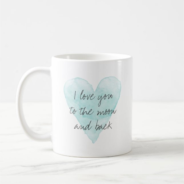 I love you to the moon and back water colour heart coffee mug (Left)