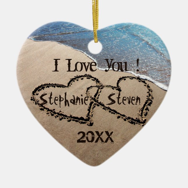 I Love You! Two Hearts In Sand Holiday Ornament (Front)