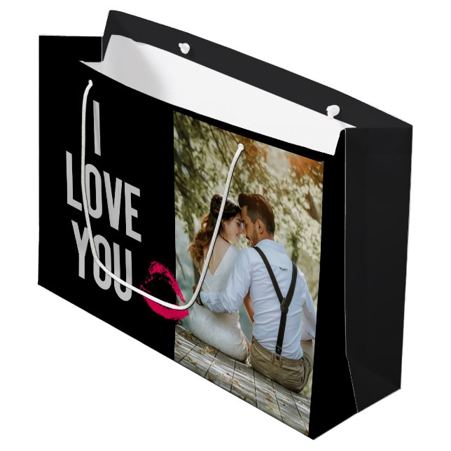 I Love You Typography Lips Pink Valentine's Photo Large Gift Bag (Front Angled)