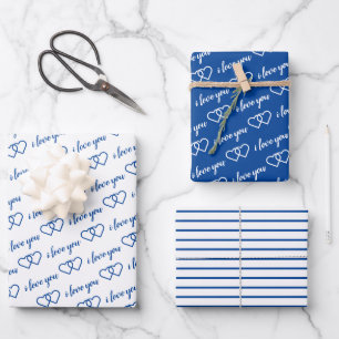 I Love You Valentine Blue Hearts Stripes Wrapping Paper Sheet