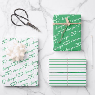 I Love You Valentine Green Hearts Stripes Wrapping Paper Sheet