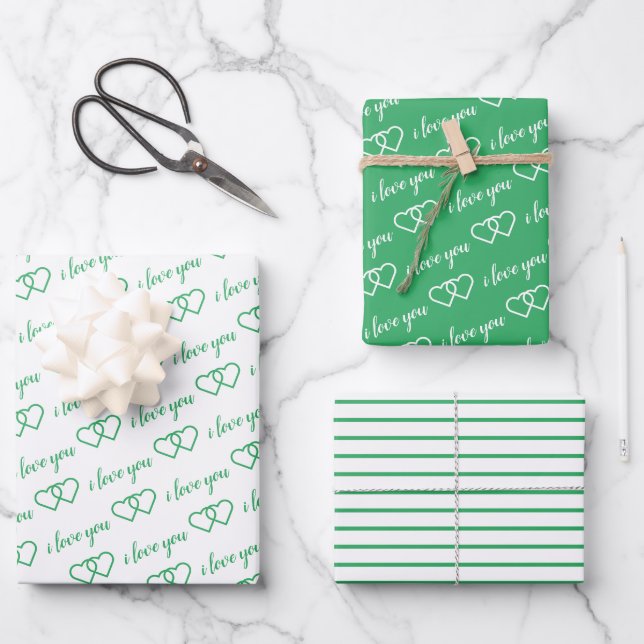 I Love You Valentine Green Hearts Stripes Wrapping Paper Sheet (Front)