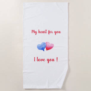 I love you watercolor red and blue heart beach towel