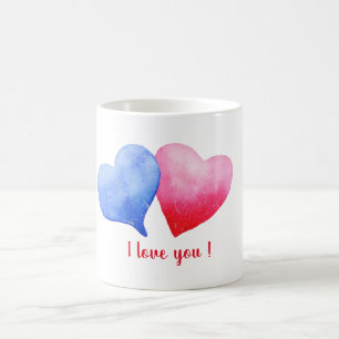 I love you watercolor red and blue heart coffee mug
