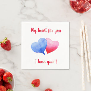 I love you watercolor red and blue heart napkin