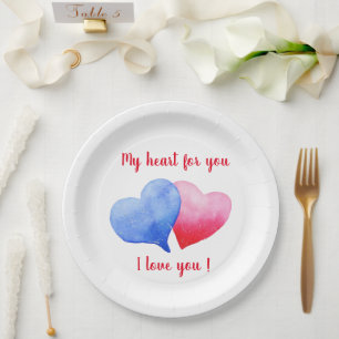 I love you watercolor red and blue heart     paper plate