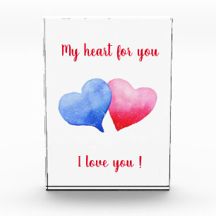I love you watercolor red and blue heart photo block