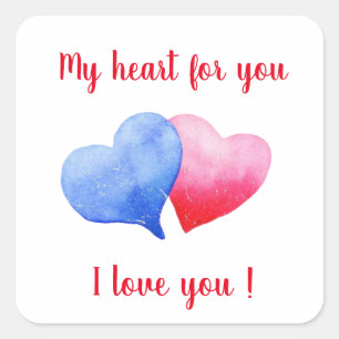 I love you watercolor red and blue heart square sticker