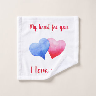 I love you watercolor red and blue heart wash cloth
