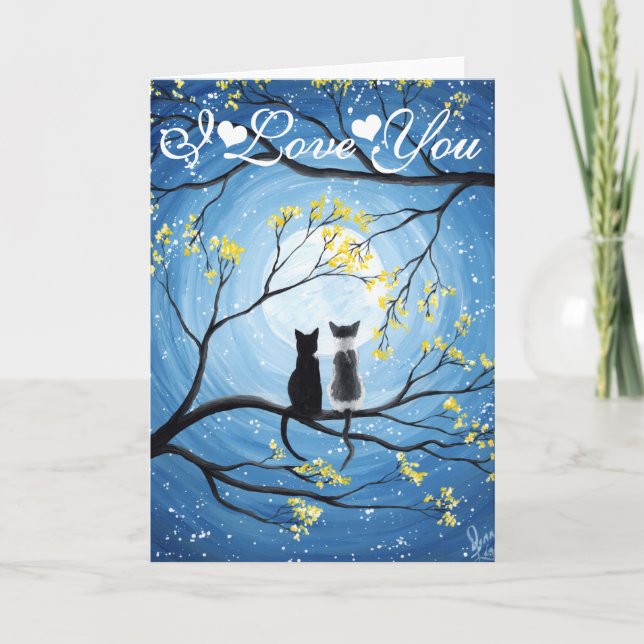 I Love You Whimsical Moon with Cats Card (Front)