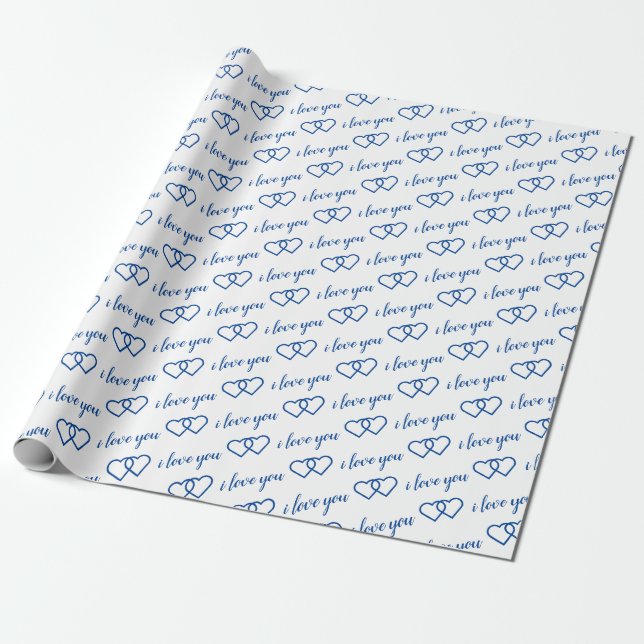 I love you White Blue Heart Pattern typography Wrapping Paper (Unrolled)