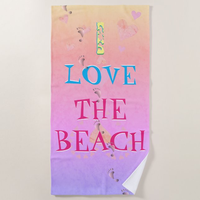 "I love (your text)" Beach Sunrise Footprints Towel (Front)