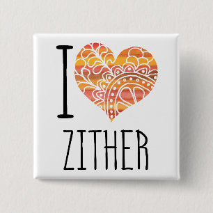 I Love Zither Orange Mandala Heart 15 Cm Square Badge