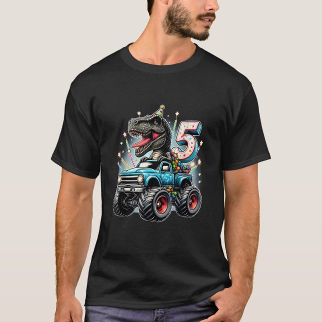 I m 5 Cute Happy 5th Birthday Monster Truck Dinosa T-Shirt (Front)