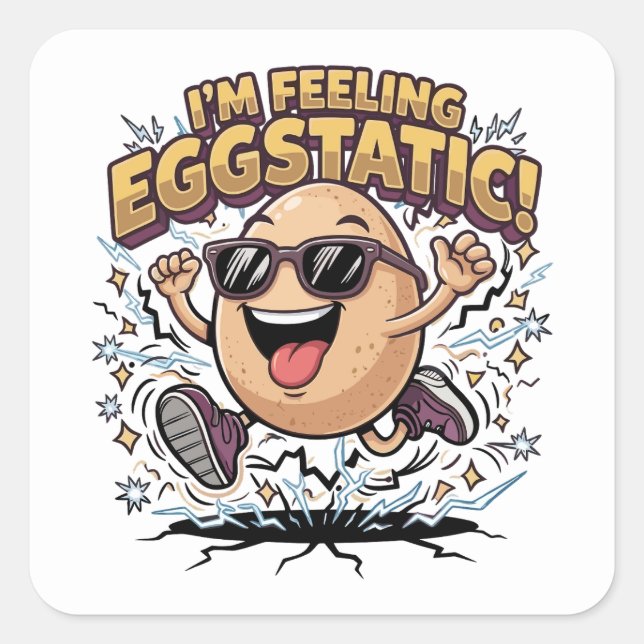 I’m Feeling Eggstatic – Funny Egg Pun Cartoon Square Sticker (Front)