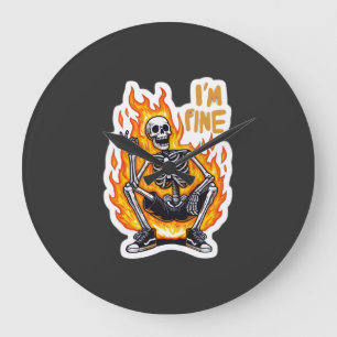 I’m Fine Skeleton on Fire Funny Sticker Illustrati Large Clock