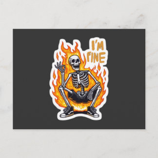 I’m Fine Skeleton on Fire Funny Sticker Illustrati Postcard