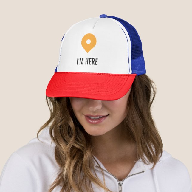  “I’m Here – Minimal Location Pin Sticker  Trucker Hat (In Situ)