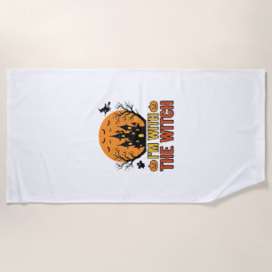 I’m With The Witch Vintage Halloween Castle Design Beach Towel
