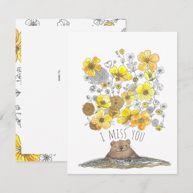 I Miss You Cute Groundhog and Flowers Watercolor Card (Front/Back)