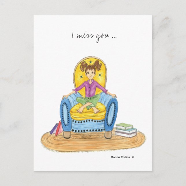 I Miss You Girl in Blue Chair Postcard (Front)