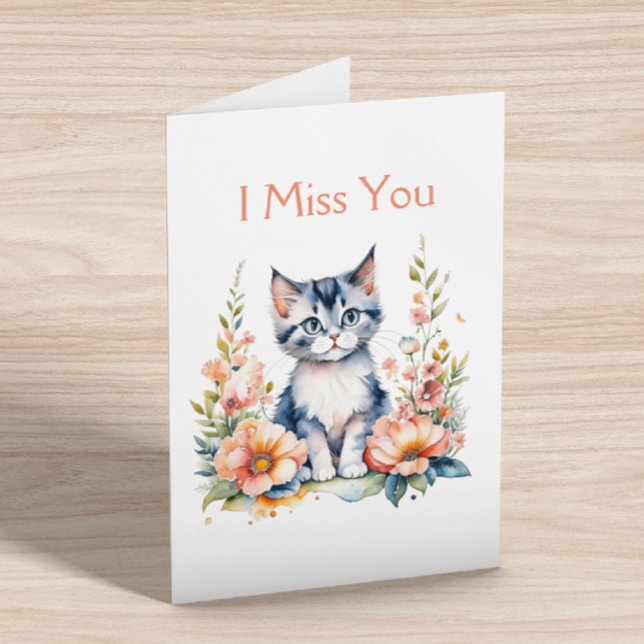 I Miss You | Grey Kitten in Pink Flowers Card (Creator Uploaded)