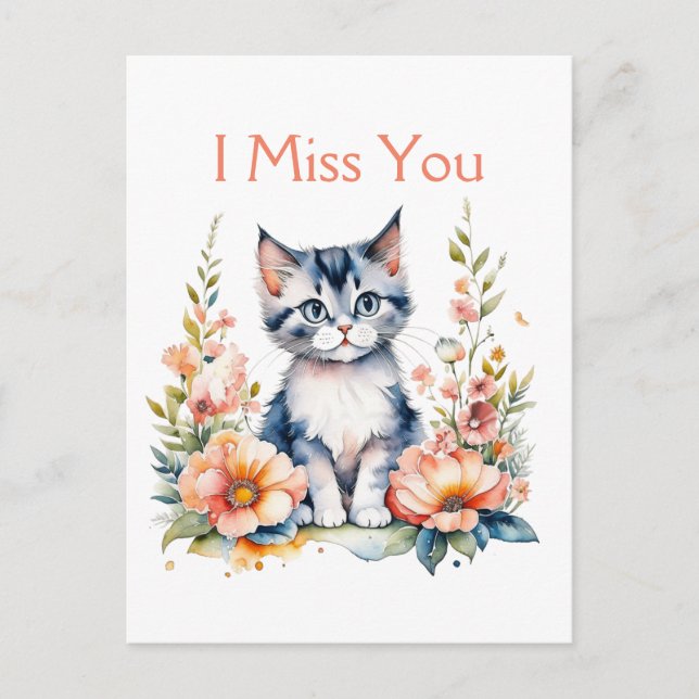I Miss You | Grey Kitten in Pink Flowers Postcard (Front)