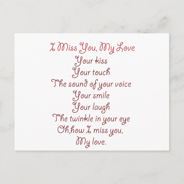 I Miss You, My Love Poem Red on Red Postcard (Front)