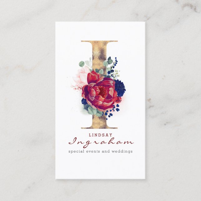 I Monogram Burgundy Gold and Navy Blue Floral Business Card (Front)